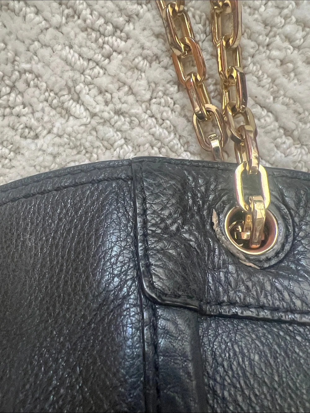 Tory Burch Black Leather Tote with Gold Logo & Chain Straps